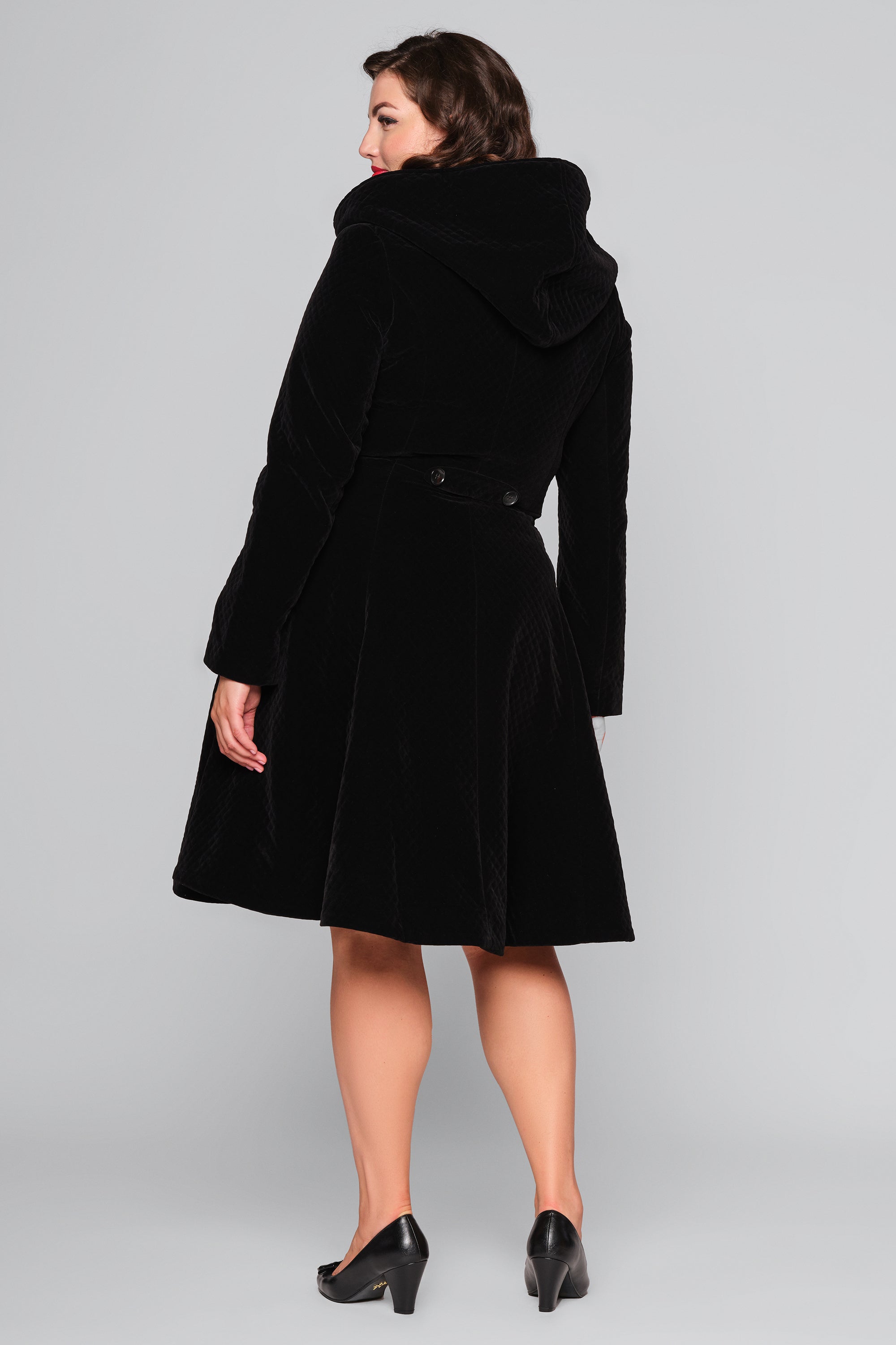 Heather Quilted Velvet Hooded Coat Black Lindy Bop