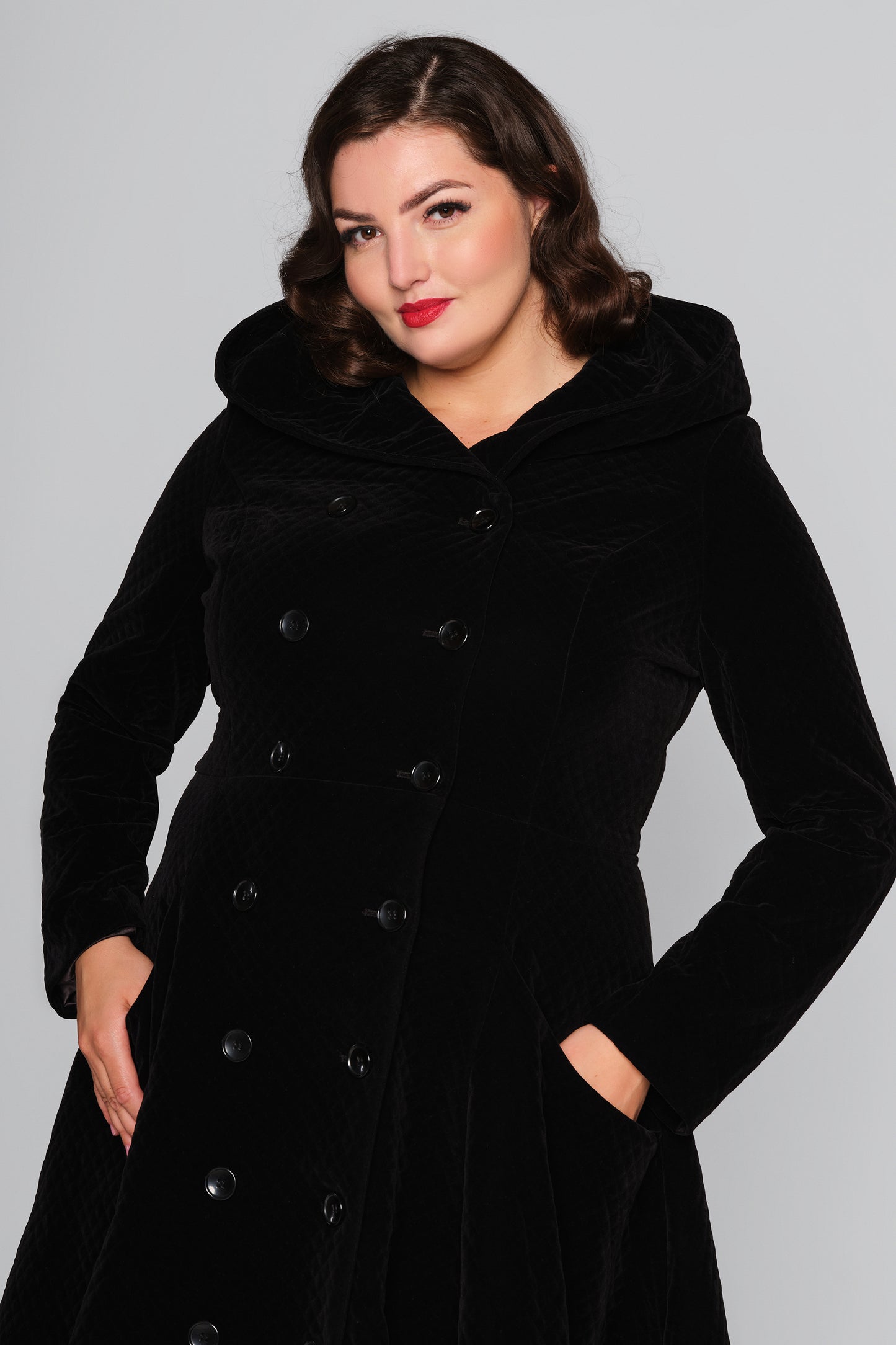 Heather Quilted Velvet Hooded Coat Black