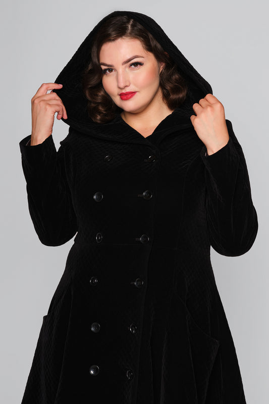 Heather Quilted Velvet Hooded Coat Black