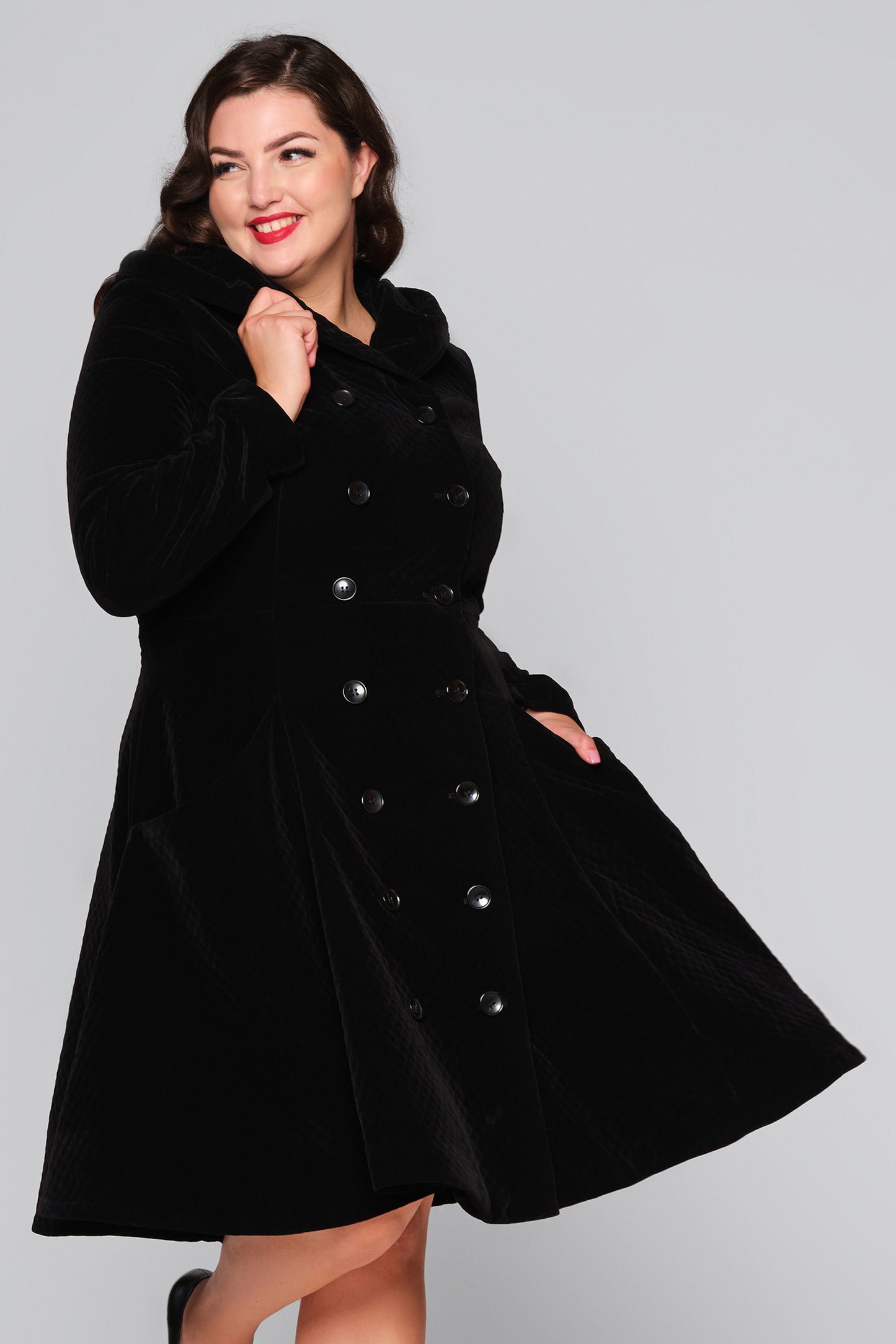 Heather Quilted Velvet Hooded Coat Black