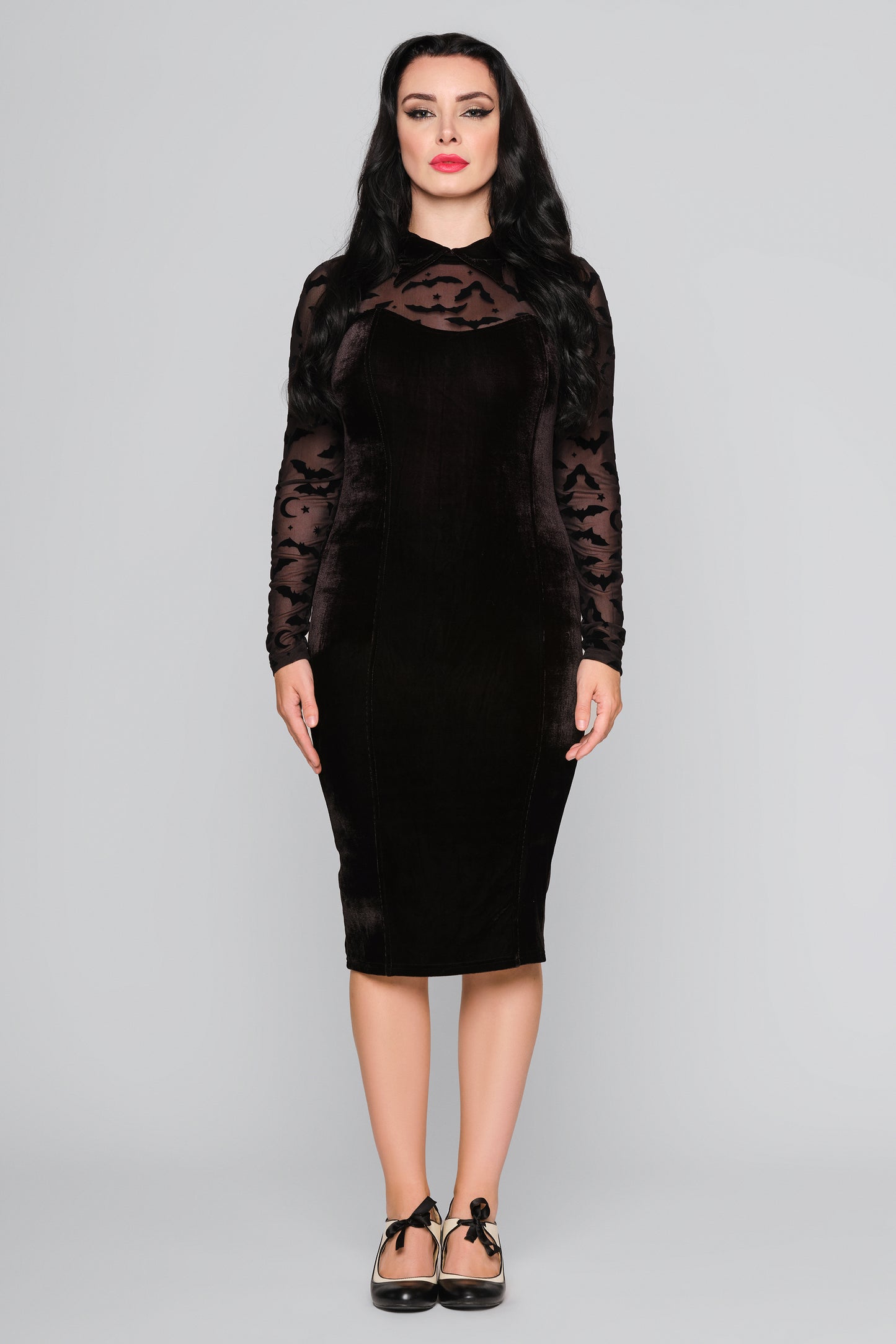 Rooey Bat Mesh Velvet Pencil Dress